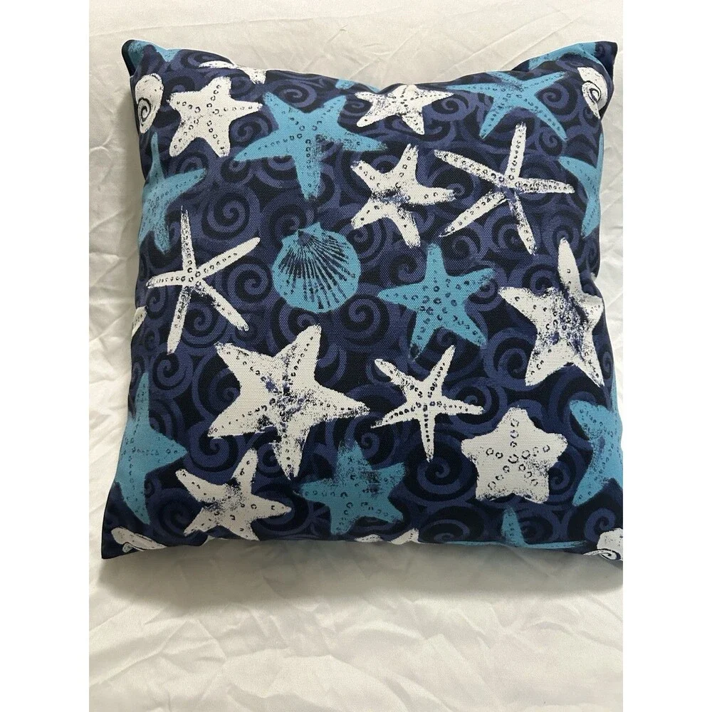 Set of 2 Blue & White Coastal Starfish Square Throw Pillows 18x18 Sewn Closed